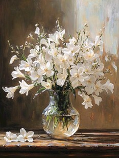 白色花束插于透明花瓶中