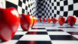 心形红果排列于黑白棋格间