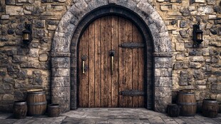 古老石墙中的木质双扇门