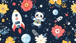 熊猫宇航奇遇花卉星空图
