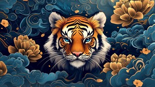 蓝底虎与繁花祥云图