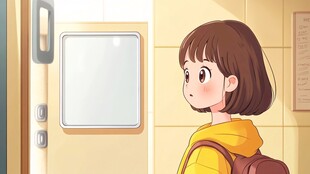 少女背着书包站在门前