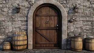 石墙木门旁的古朴木桶