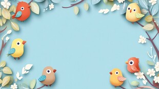 可爱小鸟与花卉环绕背景