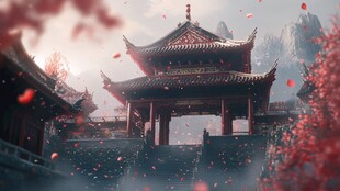 古风楼阁飘花美景