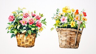 手绘花篮中的缤纷花卉