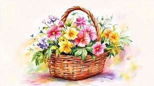 水彩绘花篮 缤纷花卉盛放