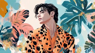 豹纹着装男子与热带植物