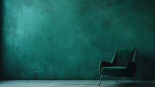 深绿墙边的复古绒面单人椅