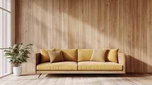 木质客厅里的温馨黄色沙发