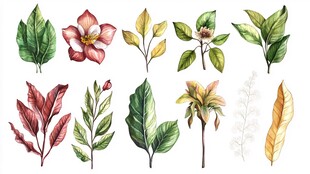 手绘多彩花卉与叶片素材