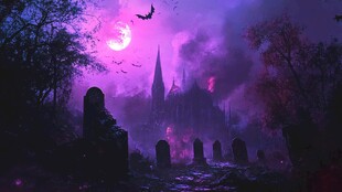 神秘月夜下的阴森古堡墓地