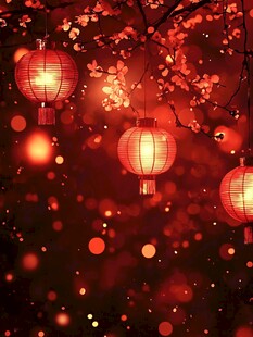 红灯笼映繁花夜景图