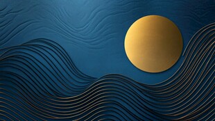 蓝色波纹背景上的金色圆