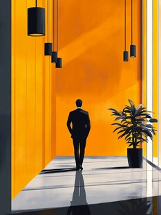 男子于橙黄空间独步前行