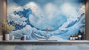 日式海浪壁画装饰场景