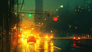 雨夜都市霓虹下的街道