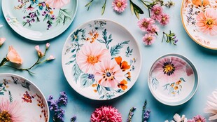 花卉图案陶瓷盘与鲜花点缀