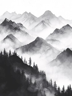 水墨群山间的林木景致