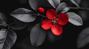 独枝红花绽 墨叶相衬