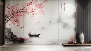 中式山水花鸟背景墙装饰