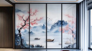 中式山水花鸟屏风装饰画