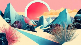 落日下的奇幻几何风格山脉