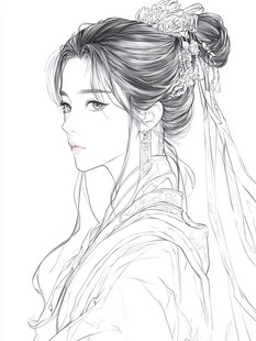 古风女子侧颜发髻线稿图