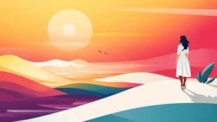 女子赏绝美日落风景