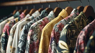 多彩印花衬衫整齐挂放