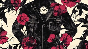 花卉环绕的复古皮衣插画