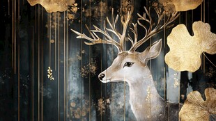金色麋鹿于中式梦幻背景中