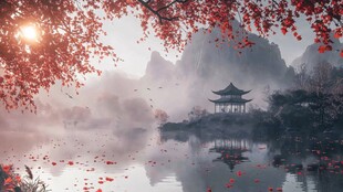 秋景山水间的诗意亭阁