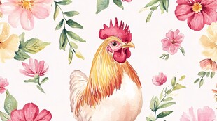 公鸡置身繁花间水彩图