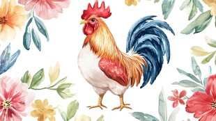 水彩绘公鸡与缤纷花卉