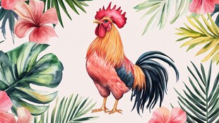 公鸡置身于热带花卉植物间