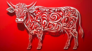 红色花纹牛剪纸艺术图案