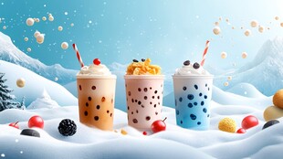 冬日雪景中的缤纷珍珠奶茶