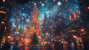 梦幻赛博朋克风城市夜景