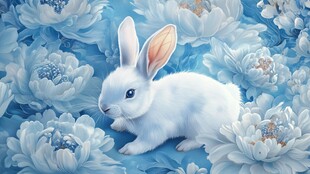 蓝花中的白兔精灵