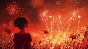 女孩赏绚烂烟火的美好瞬间