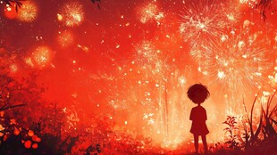 女孩赏绚烂烟火剪影