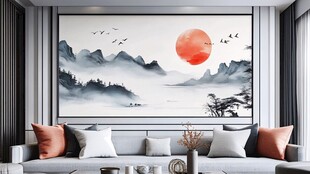 中式客厅的山水红日壁画