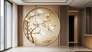 中式玄关处的玉兰花圆形壁画