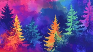 梦幻彩色松林水彩画