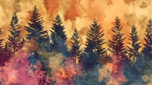 梦幻水彩绘就的松林美景