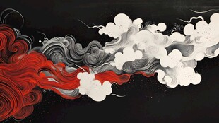 墨韵红绸云浪抽象画