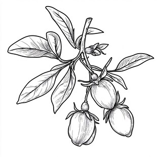 手绘茱萸枝与果线稿图