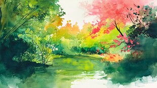 水彩绘就的河畔斑斓景致