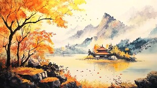 秋景山水间的静谧小筑